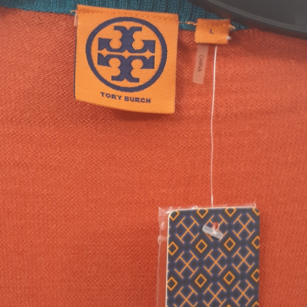 Tory Burch Orange & Teal Patterned Cardigan Sweater - Picture 8 of 9